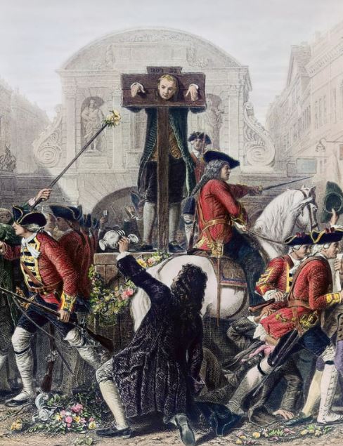 Lo scrittore De Foe è esposto in una gogna a Temple Bar, Londra